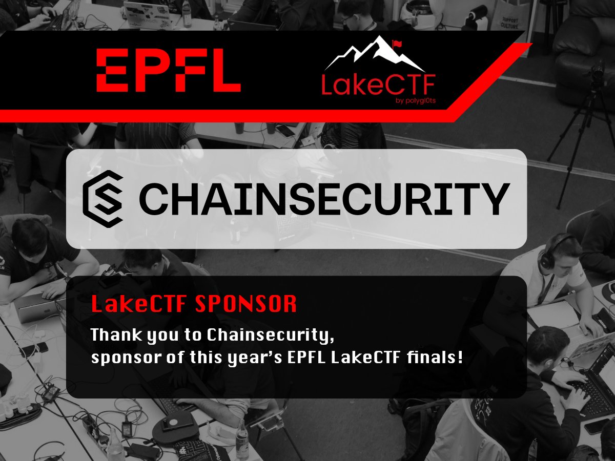 LakeCTF (@lakectf) on Twitter photo 🔥 We're excited to welcome <a href="/chain_security/">ChainSecurity</a> as a first-time sponsor of this year’s EPFL LakeCTF Final!
Thank you for your support as we continue to inspire the next generation of cybersecurity professionals! 🙌
More👉 lnkd.in/e8cr64iP
#EPFLIC #LakeCTF #Cybersecurity #CTF 🔥 We're excited to welcome <a href="/chain_security/">ChainSecurity</a> as a first-time sponsor of this year’s EPFL LakeCTF Final!
Thank you for your support as we continue to inspire the next generation of cybersecurity professionals! 🙌
More👉 lnkd.in/e8cr64iP
#EPFLIC #LakeCTF #Cybersecurity #CTF