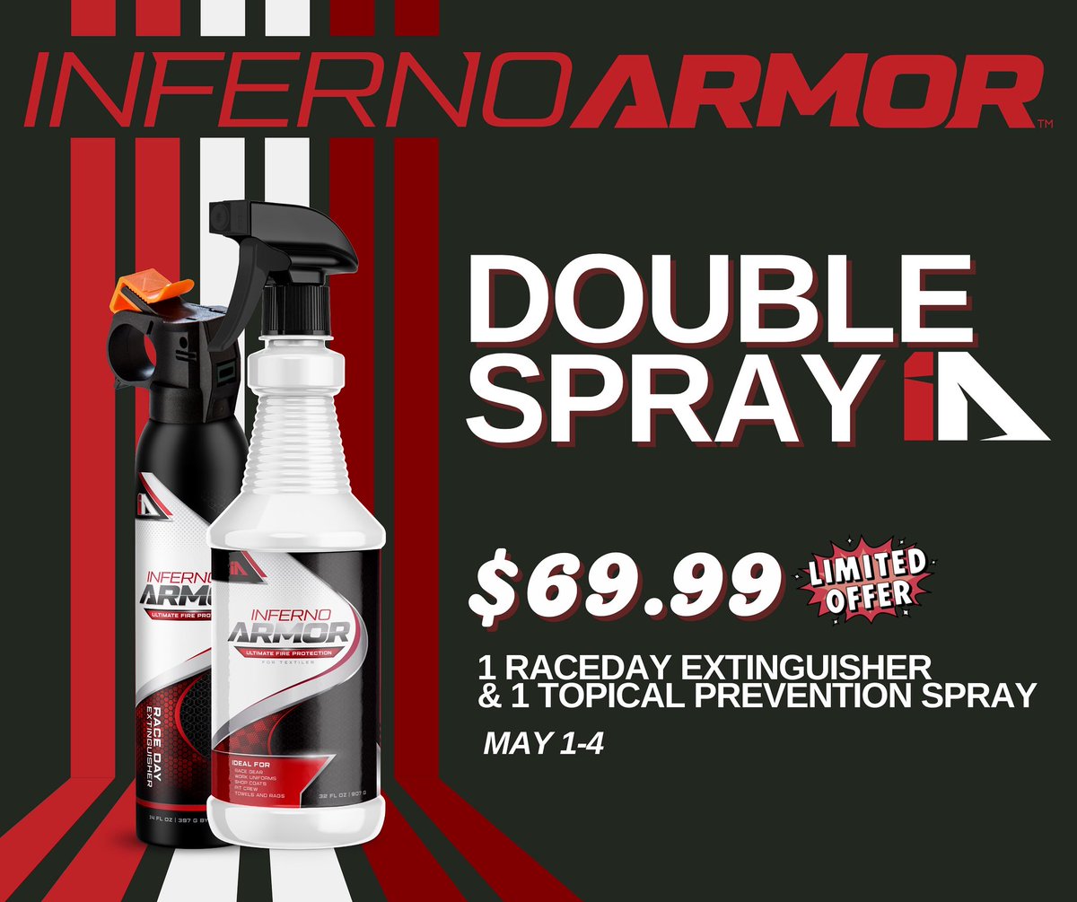 ‼️ ⏰ SET YOUR REMINDERS ⏰‼️

Starting May 1st, Inferno Armor™ is offering its first ever bundle deal! The bundle includes 1 Inferno Armor™ Topical Prevention Spray and 1 Inferno Armor™ Race Day Extinguisher. 

Prevention AND Protection in one pack! 
Be prepared when seconds