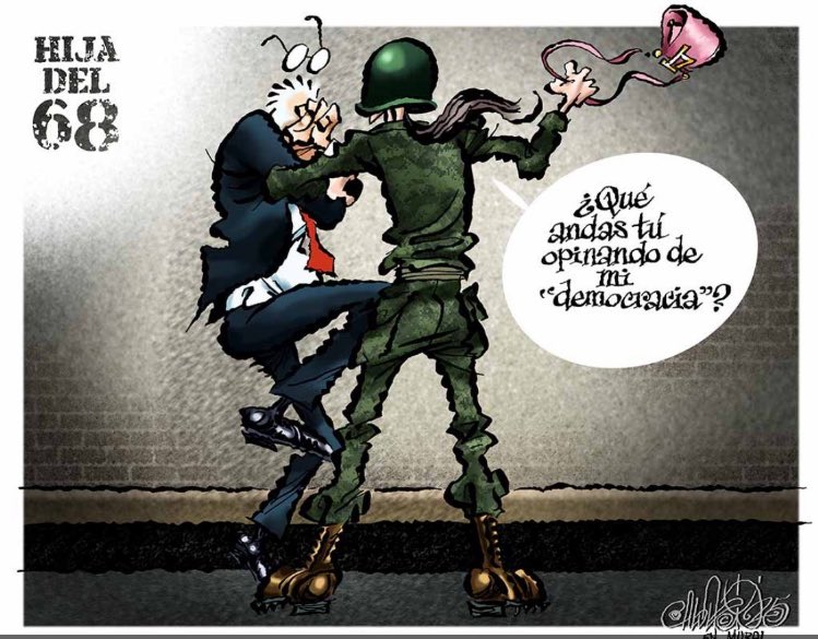 beltrandelrio's tweet photo. Gran trabajo de @CartonCalderon, basado en una fotografía de 1968, en la que el futuro presidente Ernesto Zedillo fue golpeado por un soldado. 

Memoria, humor y ojo crítico del estimado Paco. https://t.co/lcqJEmqtAf