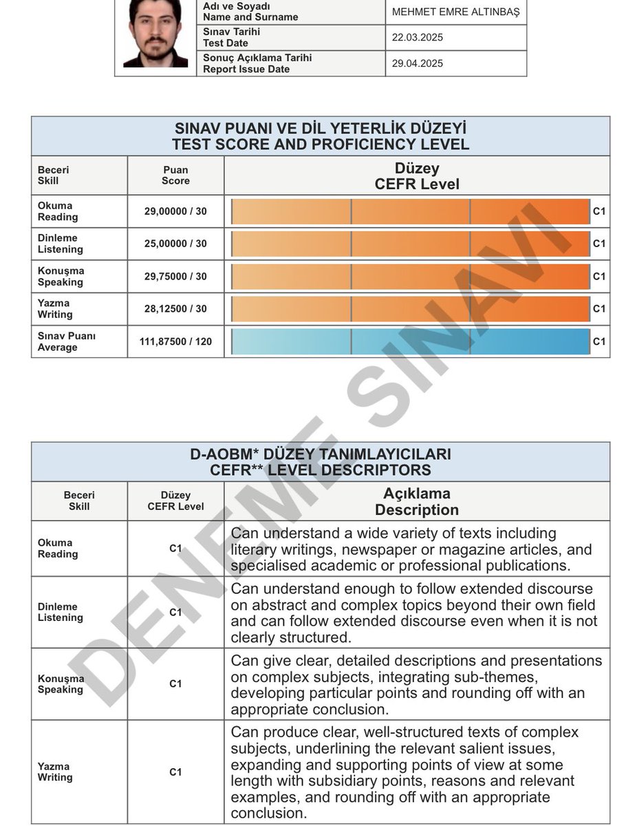E-TEP sonuçları açıklandı. CEFR ile entegre edilmiş detaylı bir sonuç belgesi hazırlanmış. Vakti zamanında TOEFL’da en yüksek skorumu dinleme bölümünde almıştım. Burada tam tersi olmuş 🙂
