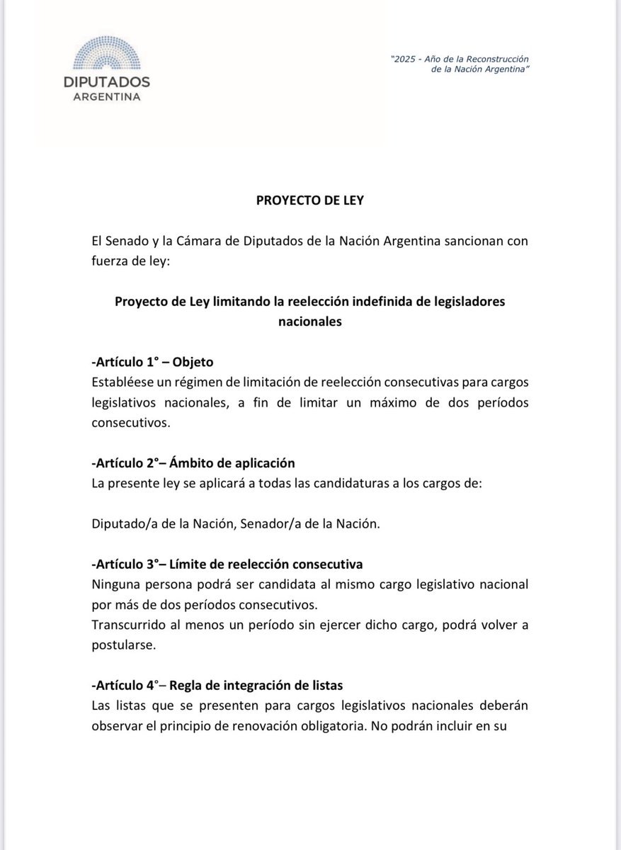 🚨CHAU DIPUTADOS Y SENADORES ETERNOS. 
Presentaron un proyecto para prohibir las reelecciones indefinidas en legisladores nacionales. Los limita a máximo dos periodos consecutivos. Hay algunos que tienen más de 20 años siendo diputados y/o senadores.