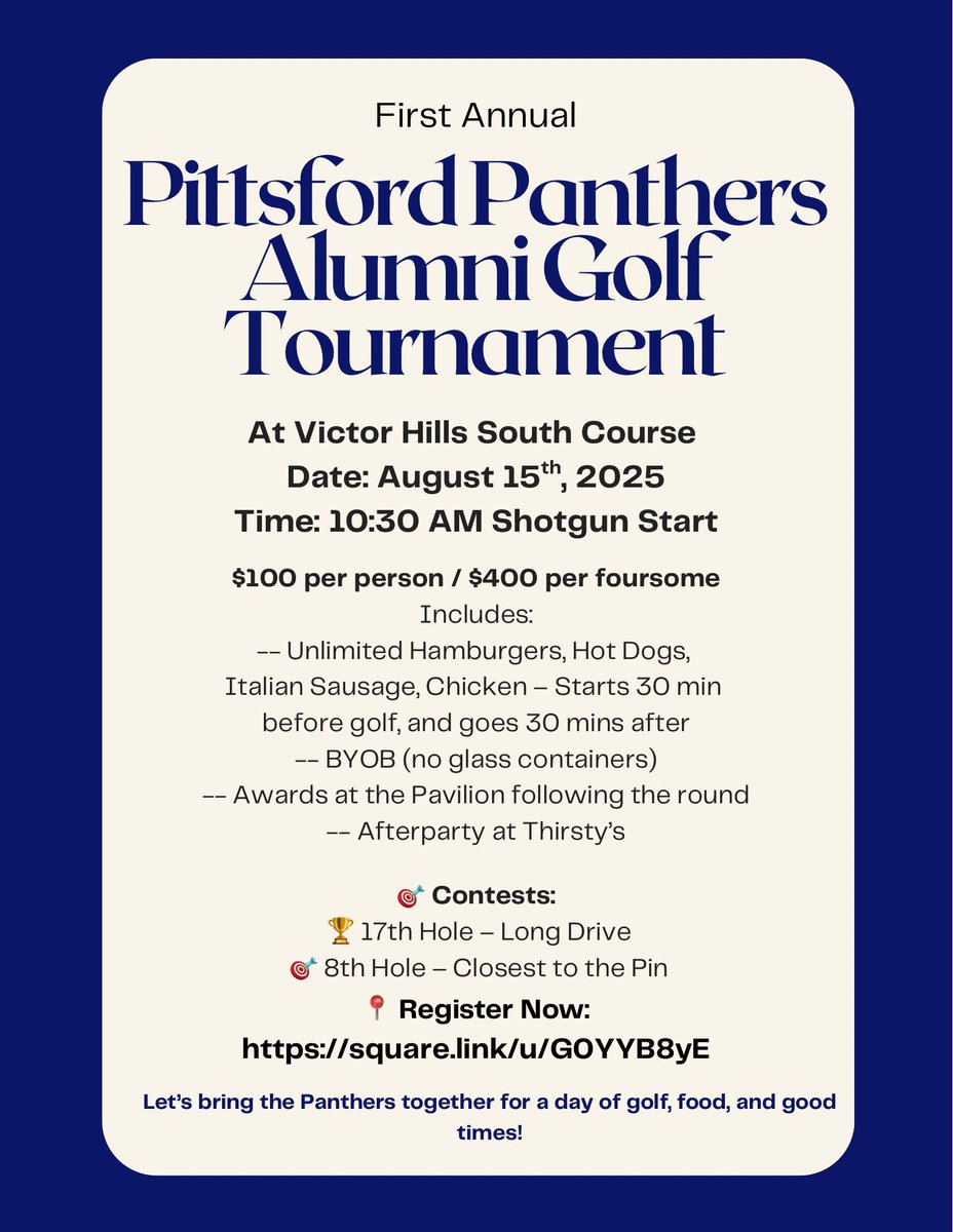 Steve Marriott (@stevemarriott_) on Twitter photo Join us for the 1st Annual Pittsford Panthers Alumni Golf Tournament!
August 15th, 2025 | Victor Hills South Course | 10:30 AM Shotgun Start. <a href="/CoachMolinich/">Keith Molinich</a> <a href="/PFBBooster/">Pittsford Football Boosters</a> <a href="/BigCShu71/">Dr. Charlie Shuman</a>
Register now: checkout.square.site/merchant/ML2BJ…
#PittsfordPanthers #AlumniGolf #GolfTournament Join us for the 1st Annual Pittsford Panthers Alumni Golf Tournament!
August 15th, 2025 | Victor Hills South Course | 10:30 AM Shotgun Start. <a href="/CoachMolinich/">Keith Molinich</a> <a href="/PFBBooster/">Pittsford Football Boosters</a> <a href="/BigCShu71/">Dr. Charlie Shuman</a>
Register now: checkout.square.site/merchant/ML2BJ…
#PittsfordPanthers #AlumniGolf #GolfTournament