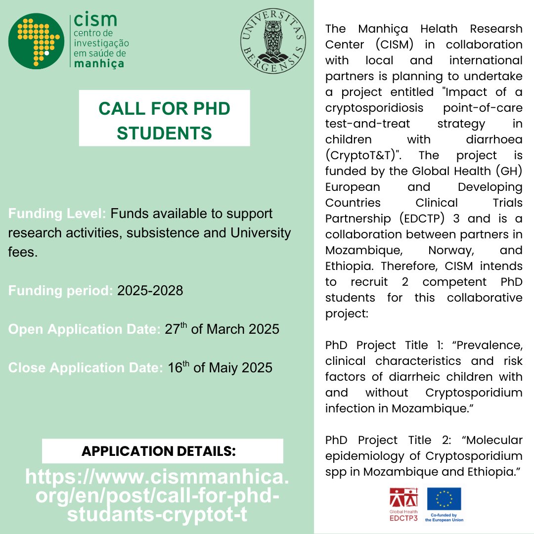 CISM Manhiça (@manhica_cism) on Twitter photo 📚 📌 PHD OPPORTUNITY
Close Application Date: 16th of May 2025
THE POSITION IS OPEN TO MOZAMBICAN NATIONALS, ONLY!
<a href="/EDCTP3/">Global Health EDCTP3</a>
cismmanhica.org/post/call-for-… 📚 📌 PHD OPPORTUNITY
Close Application Date: 16th of May 2025
THE POSITION IS OPEN TO MOZAMBICAN NATIONALS, ONLY!
<a href="/EDCTP3/">Global Health EDCTP3</a>
cismmanhica.org/post/call-for-…