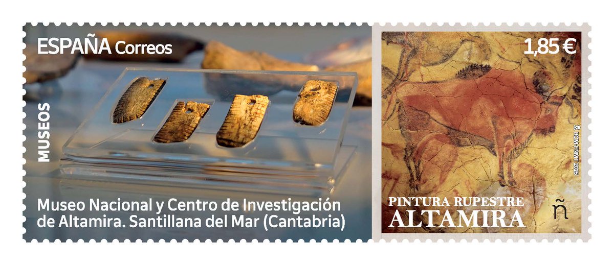 ¡Correos nos dedica un nuevo sello! 😃

Este sello recoge 2 piezas icónicas de nuestras colecciones: uno de nuestros bisontes polícromos más reproducidos y los 4 colgantes hechos con huesos hioides de caballo.