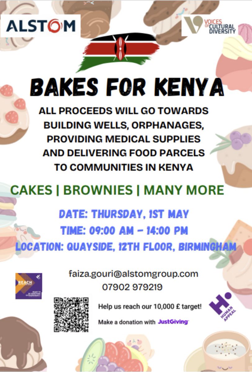 Visit Alstom this Thursday from 09:00- 14:00 for a charity bake sale.

Every sweet treat you buy helps to support orphanages, provide medical supplies and deliver food parcels to communities in Kenya. 

Come and make a difference, one bite at a time. 
🍰❤️