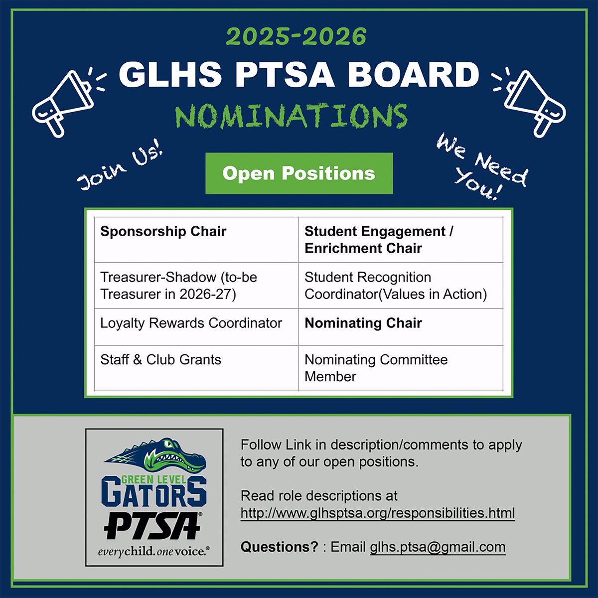 🐊📚Looking to get more involved with GLHS? Nominations are now open to serve on 2025-26 GLHS PTSA Board! Here is the link to the nomination form   bit.ly/glhs_ptsa_nomi…. Nominations open until May 25th.