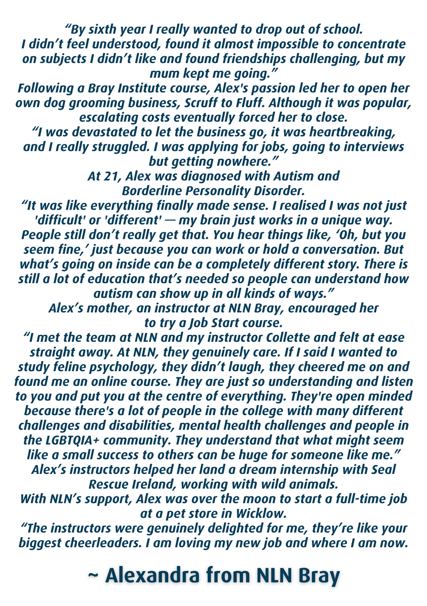 National Learning Network (NLN) (@nlnireland) on Twitter photo Alexandra's story, from NLN Bray #ThinkPossible #SupportedEducation #StudentSuccess #Training #Support #Employment #Bray #Wicklow #Autism #AutisticStudent #LGBTQIA+ #Inclusion #AnimalCare #Support <a href="/NLNWicklow/">NLN Wicklow</a> Alexandra's story, from NLN Bray #ThinkPossible #SupportedEducation #StudentSuccess #Training #Support #Employment #Bray #Wicklow #Autism #AutisticStudent #LGBTQIA+ #Inclusion #AnimalCare #Support <a href="/NLNWicklow/">NLN Wicklow</a>