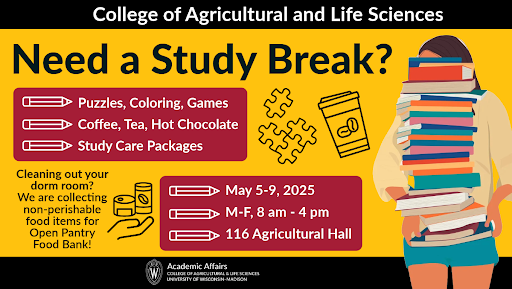 UW-Madison Biology Major (@uwbiomajor) on Twitter photo Hey <a href="/UWMadisonCALS/">UW–Madison CALS</a> #BioBadgers! May 5th - 9th, CALS will be providing much needed study break activities, care packages, and warm beverages in 116 Ag Hall, Mon-Fri 8AM-4PM🎨🍵☕
CALS is also collecting non-perishable food items, from dorm clean-outs, for Open Pantry Food Bank! Hey <a href="/UWMadisonCALS/">UW–Madison CALS</a> #BioBadgers! May 5th - 9th, CALS will be providing much needed study break activities, care packages, and warm beverages in 116 Ag Hall, Mon-Fri 8AM-4PM🎨🍵☕
CALS is also collecting non-perishable food items, from dorm clean-outs, for Open Pantry Food Bank!