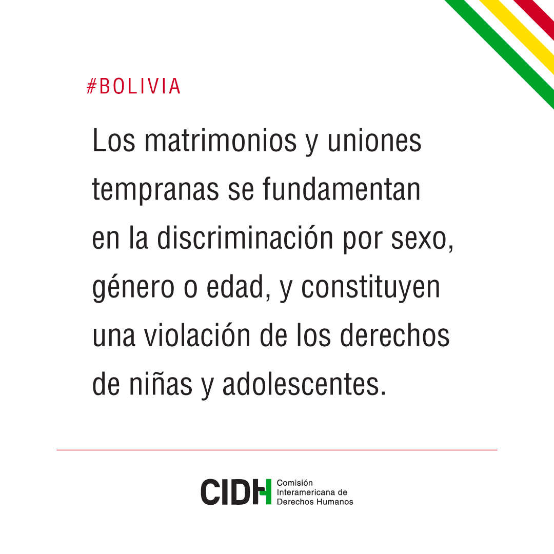 #Bolivia: #CIDH saluda la aprobación en la Cámara de Senadores del proyecto de ley que prohíbe, sin excepciones, el matrimonio y las uniones de personas menores de 18 años. La iniciativa, que ahora pasa a la Cámara de Diputados, elimina toda excepción para el matrimonio y la