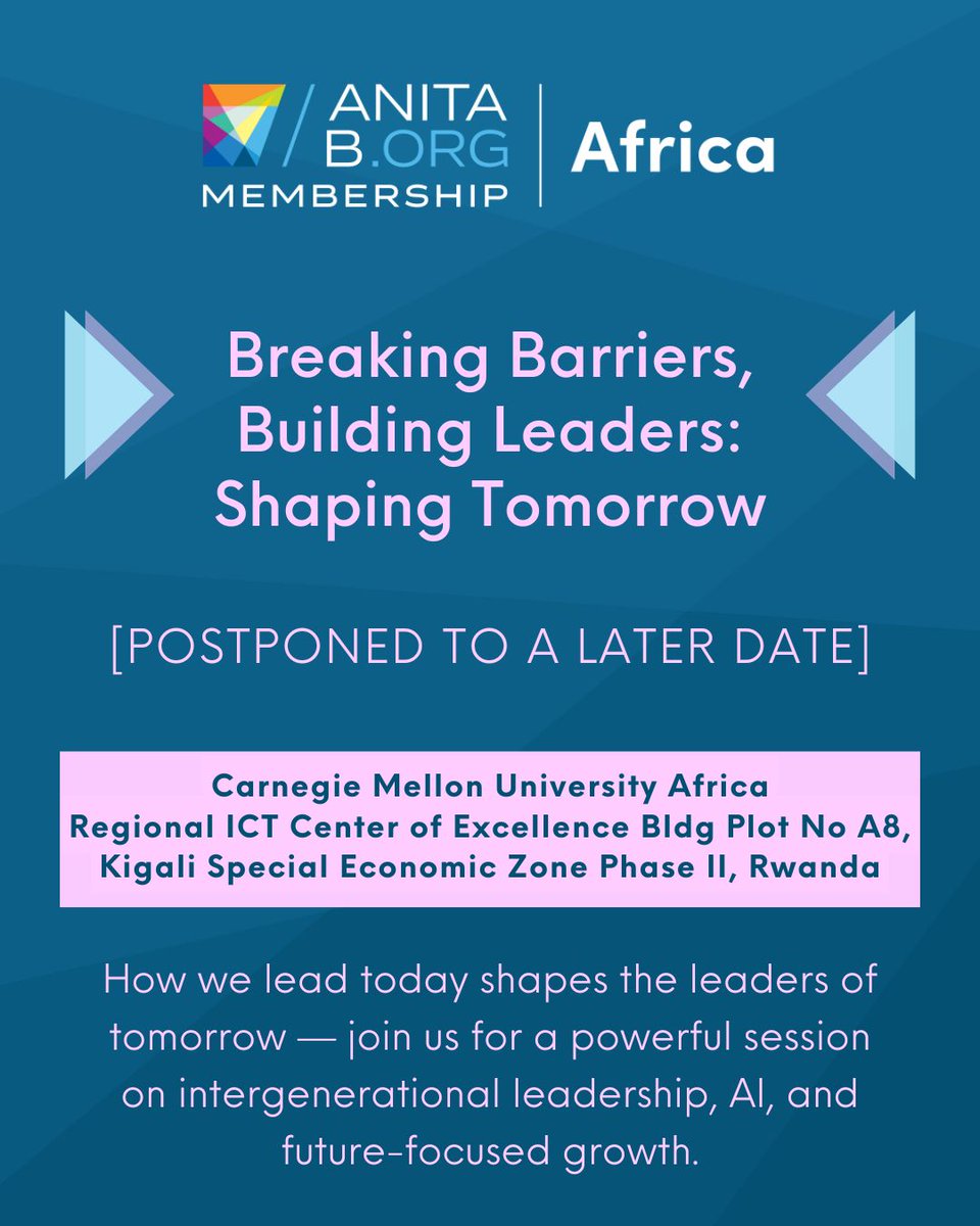 hello everyone 👋🏼,

days like this are hard....

we're sincerely sorry for this, as <a href="/AnitaB_org/">AnitaB.org</a> Leadership Event has been postponed to a future date.

we appreciate your enthusiasm, and eagerness to come...

#BuildingLeadersShapingTomorrow

<a href="/CMUAfricaWiT/">WiT Club CMU-Africa</a> <a href="/GdgKigali/">GDG Kigali</a> <a href="/DreamsRValid/">Harun</a>