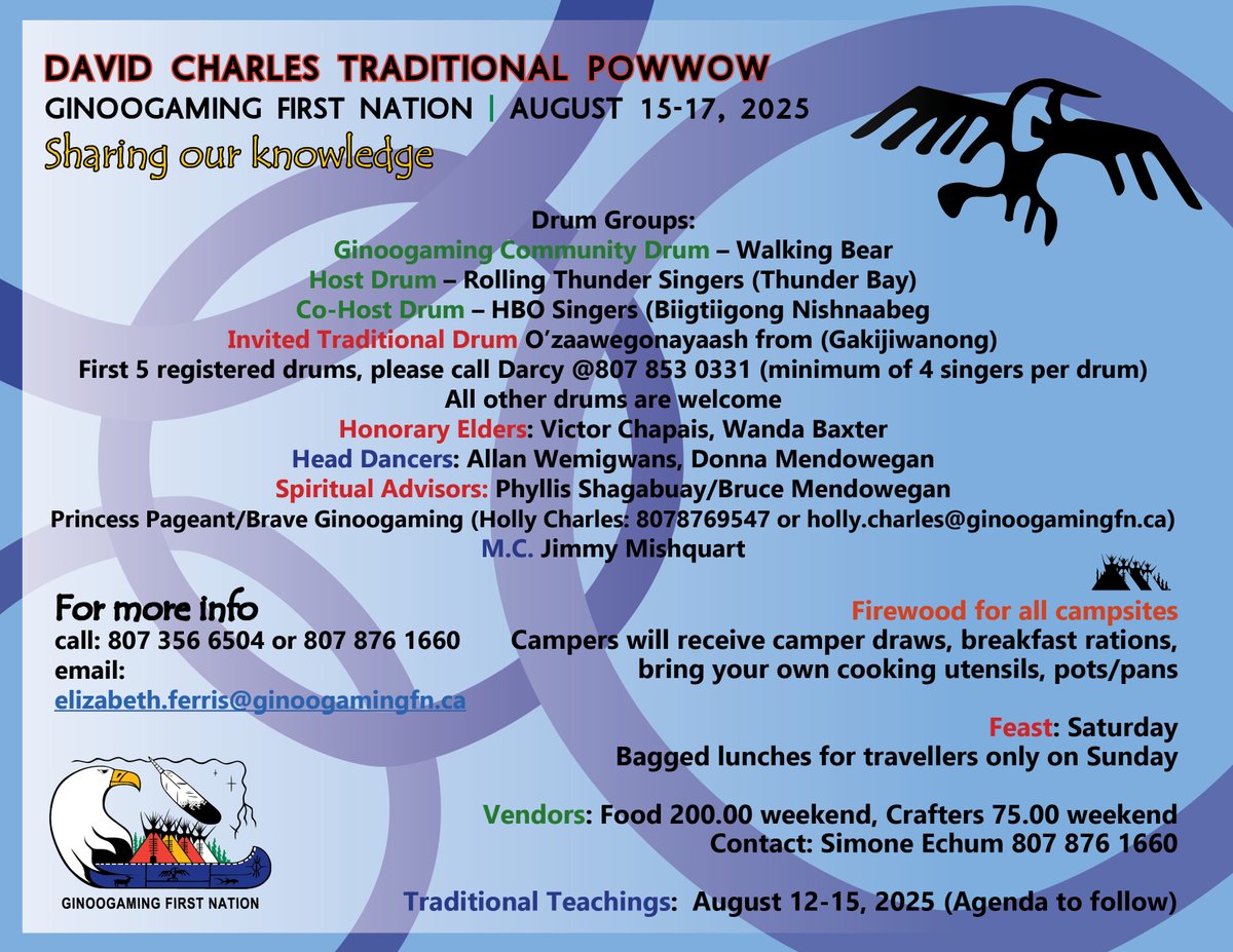 MatawaFNM's tweet photo. Ginoogaming First Nation' David Charles Traditional #powwow August 15-17, 2025 - all are welcome. #onpoli https://t.co/9dWJQ4IPim