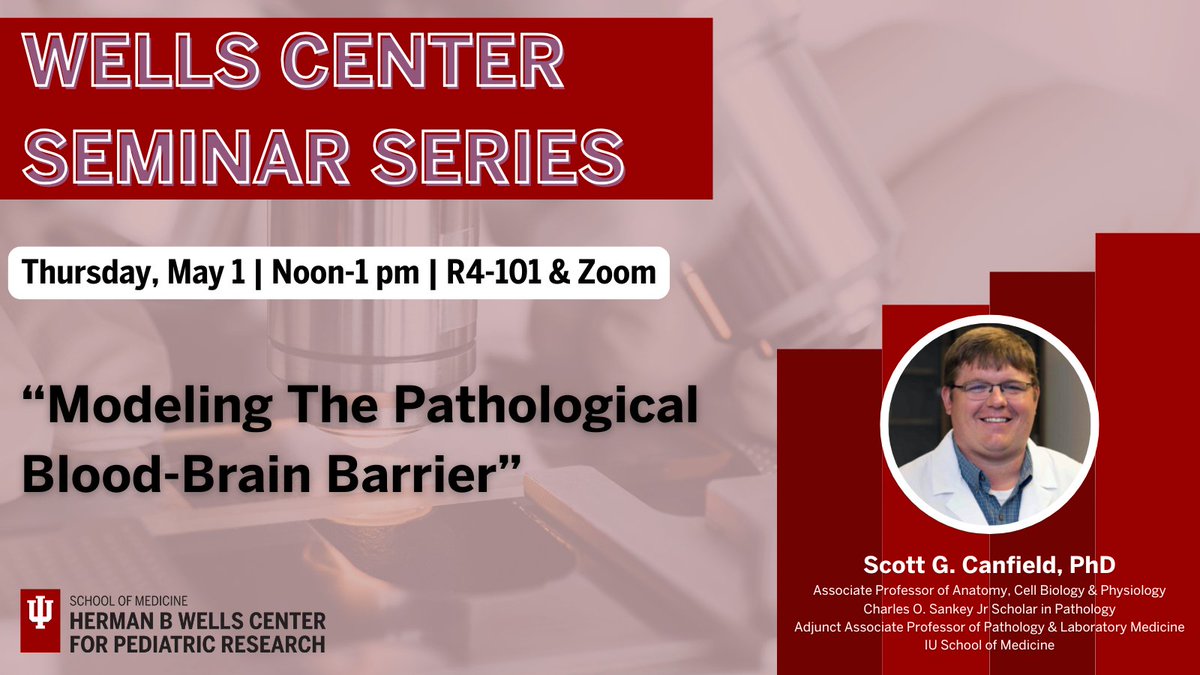 Join us for this week’s #WellsCenterSeminar to hear from our very own, Scott G. Canfield, PhD, as he discusses modeling the #Pathological #BloodBrainBarrier!

Calendar link: events.iu.edu/medicine/event…

#MedicalResearch #ResearchSeminar #Pediatrics