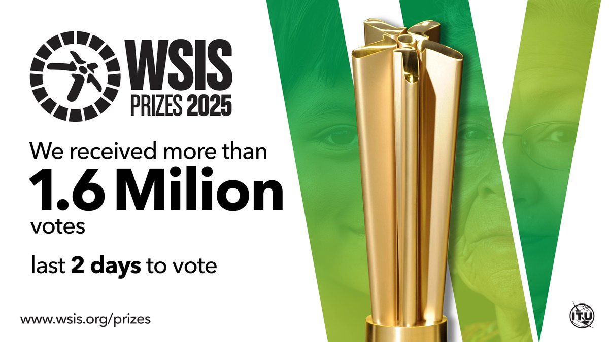 More than 1.6 million votes cast—and counting! 

Just 2 days left to support your favorite digital projects competing for the #WSISPrizes 2025! 

🔗Cast your vote now: wsis.org/prizes