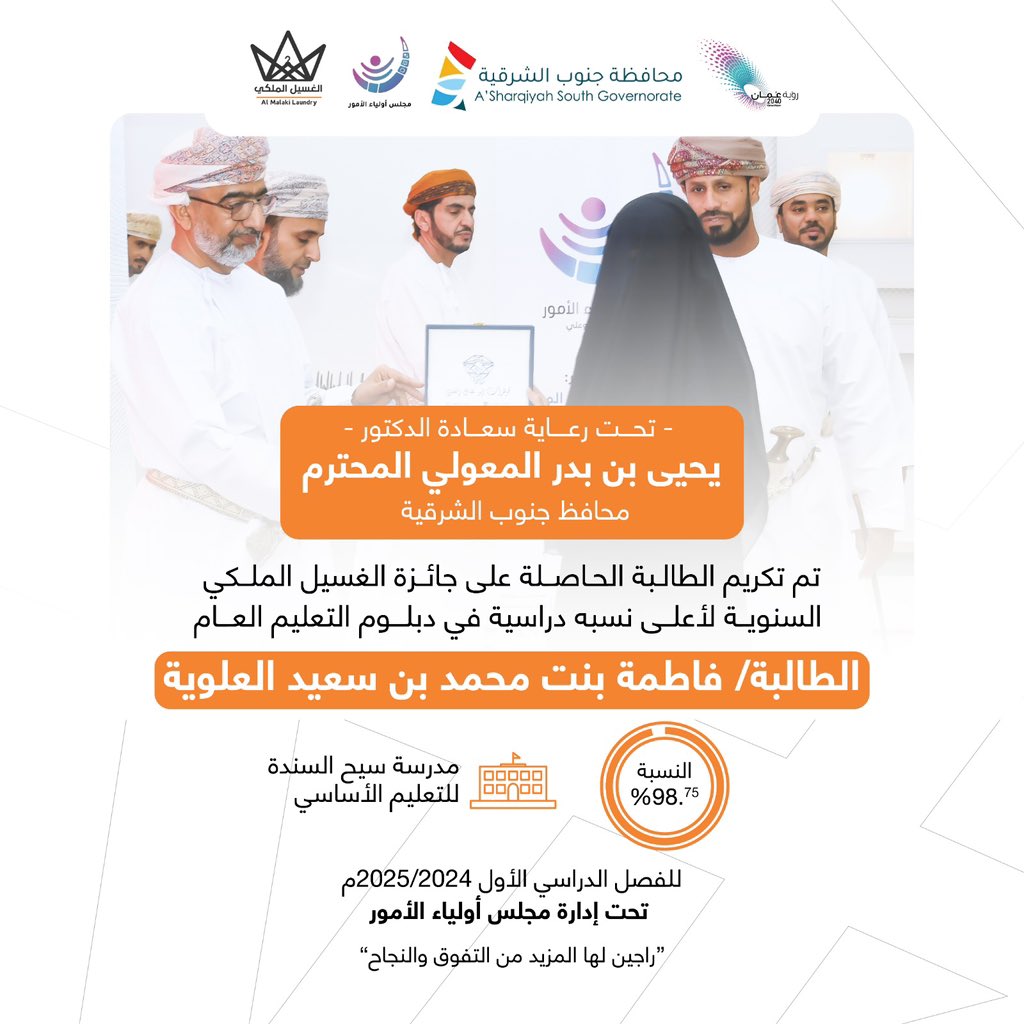 Hmd92o's tweet photo. تحت رعاية سعادة الدكتور/ يحيى بن بدر المعولي المحترم محافظ @ss_governor_ 
تم تكريم الطلبة الحاصلين على #جائزة_الغسيل_الملكي_السنوية لأعلى نسبه دراسية في دبلوم التعليم العام.
@EduGovSsq 
@sqs_school @bu_ali_school https://t.co/P08lynMe9a