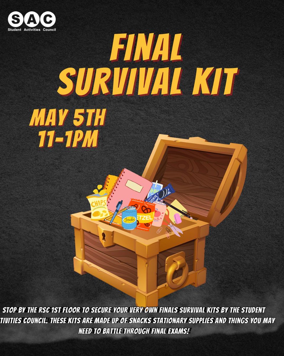 Are you ready for finals week? Join SAC on May 5th from 11am-1pm in the RSC first floor. We will be providing some many essentials to help you get through Finals week! SAC wishes everyone good luck 🩵