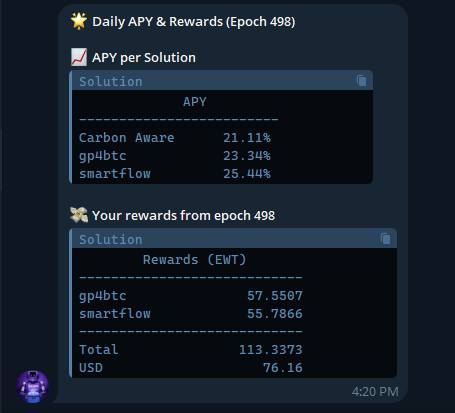 APY per solution &amp; your personal $EWT rewards (and USD) now added to t.me/EWX_Vote_Bot

triggered +- 1h after epoch rollover