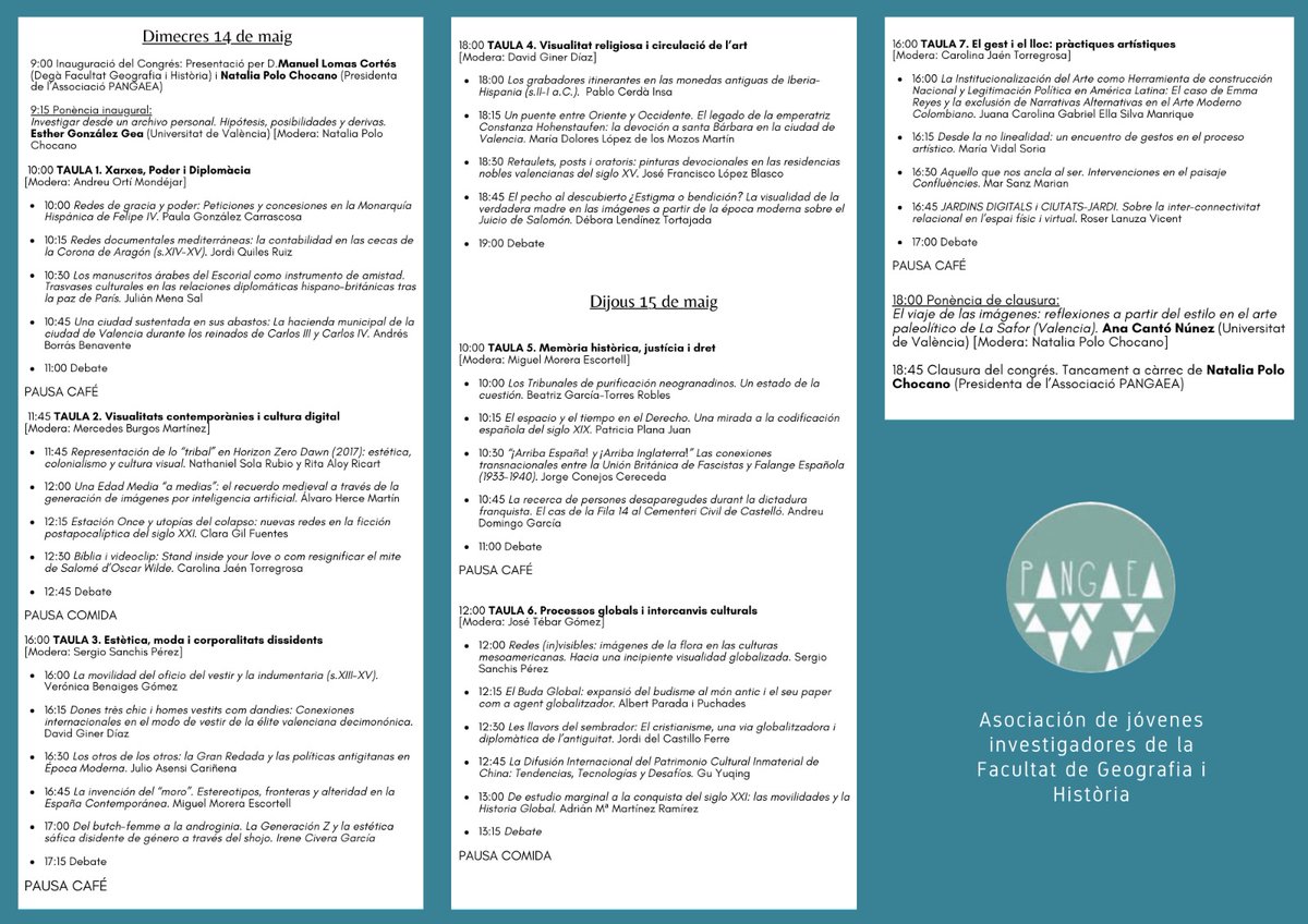 ¡Buenos tardes!💡
Aquí os dejamos el programa del VII Congreso de Pangaea.
🗓️Os recordamos que tendrá lugar los días 14 y 15 de mayo en la Salón de Grados de nuestra <a href="/FacGeoiH/">Facultat Geografia i Història UV</a> 
❤️Gracias una vez más por la confianza, la participación y la difusión.
¡Hasta pronto!👋🏻
🎨<a href="/Debora_Len/">Debora Lendinez</a>