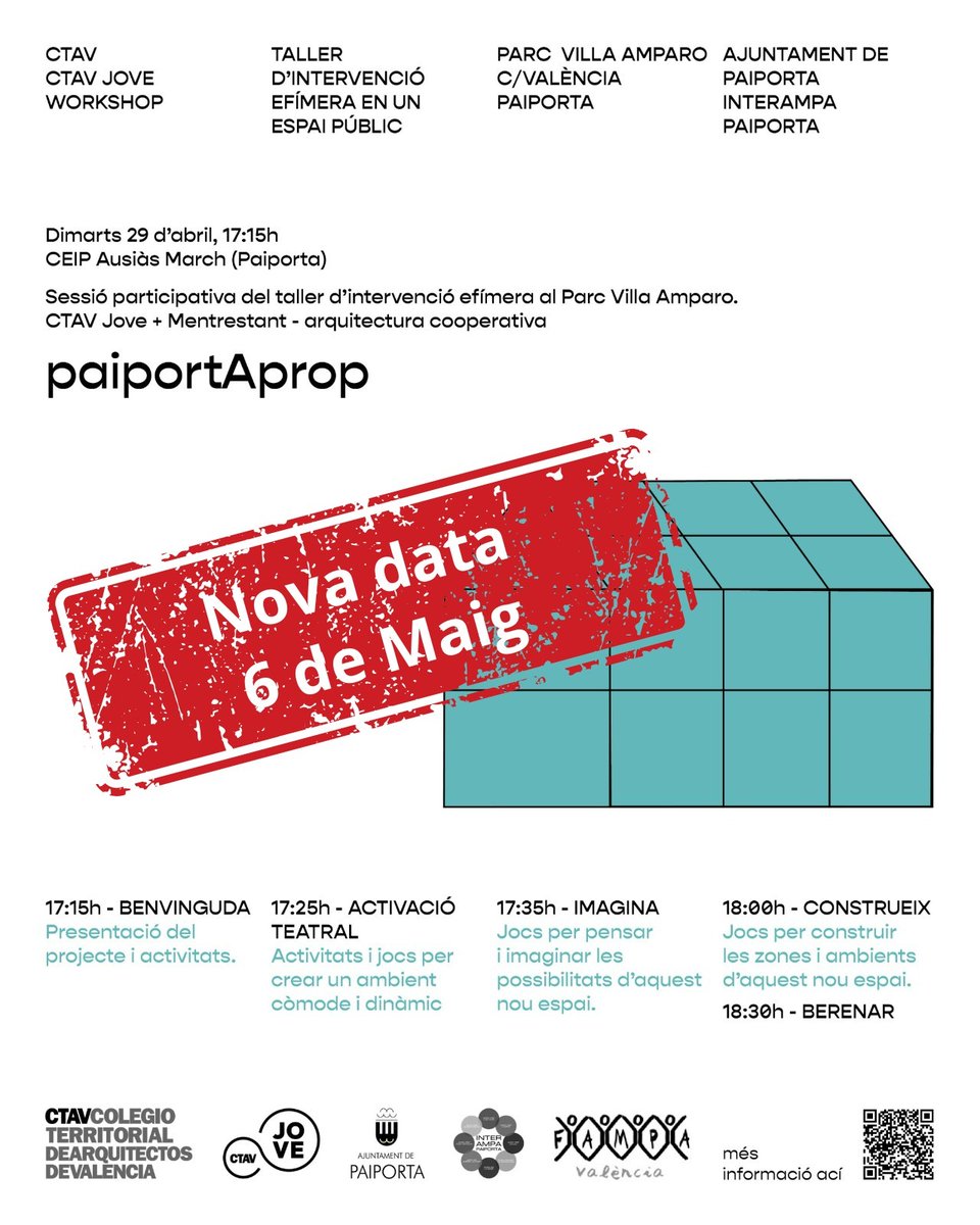 📢 ATENCIÓ!
La sessió participativa del taller #paiportAprop prevista per a hui es posposa!

🗓️ 6 maig al CEIP Ausiàs March (Paiporta) a les 17:15h

👨‍👩‍👧‍👦 Veniu en família i participeu per decidir junts el 
futur del parc: jocs, activitats, construcció col·lectiva... i berenar!