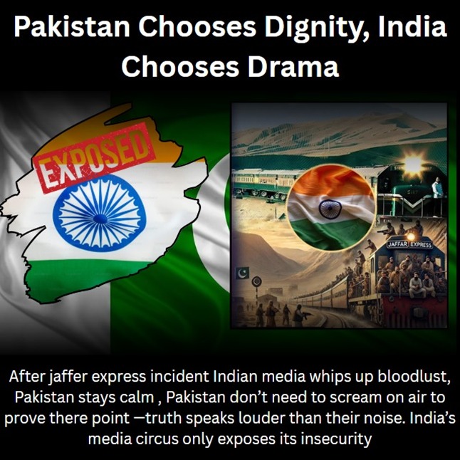etcFatima's tweet photo. Pakistan Chooses Dignity, India Chooses Drama
After jaffer express incident Indian media whips up bloodlust, Pakistan stays calm and responsible. #CovertTerror #IndianInvolvement #JafferExpressAttack #PakistanStandsFirm #TerrorismExposed https://t.co/ATQA8mKz5c