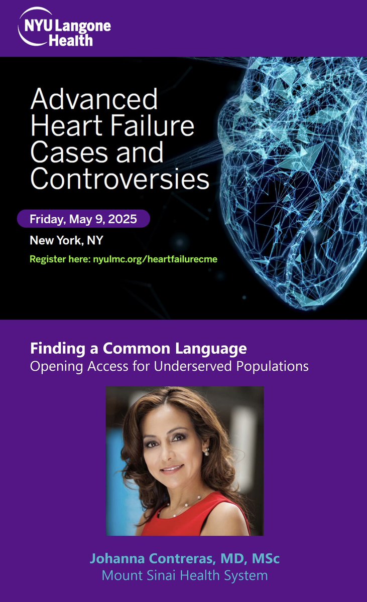 Bernard Kadosh (@kadoshbernard) on Twitter photo Does your #transplant and #LVAD program serve the community that surrounds it?
<a href="/Jcontreras75/">Johanna Contreras, MD, MSc, FACC, FAHA, FHFSA</a> from <a href="/IcahnMountSinai/">Icahn School of Medicine at Mount Sinai</a> comes to <a href="/nyulangone/">NYU Langone Health</a> to share how she builds bridges for populations in need.
🚨 Only 2 weeks away! Register now!
nyulmc.org/heartfailurecme
#MedEd #CardioEd Does your #transplant and #LVAD program serve the community that surrounds it?
<a href="/Jcontreras75/">Johanna Contreras, MD, MSc, FACC, FAHA, FHFSA</a> from <a href="/IcahnMountSinai/">Icahn School of Medicine at Mount Sinai</a> comes to <a href="/nyulangone/">NYU Langone Health</a> to share how she builds bridges for populations in need.
🚨 Only 2 weeks away! Register now!
nyulmc.org/heartfailurecme
#MedEd #CardioEd
