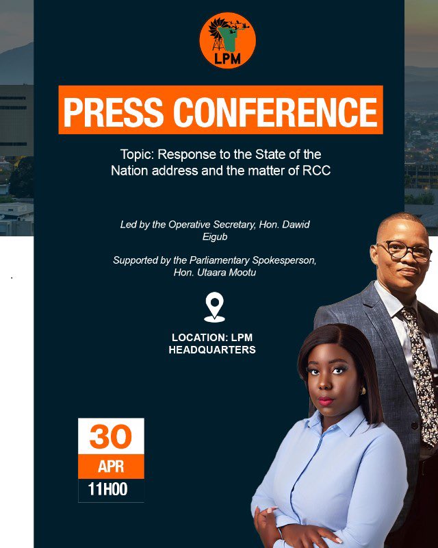 LpmComs's tweet photo. The LPM will hold a press conference tomorrow at 11:00 to address the State of the Nation and issues concerning the Roads Contractor Company (RCC). The briefing will be led by the Operative Secretary, Hon. Dawid Eigub, and the Parliamentary Spokesperson, Hon. Utaara Mootu. 💚🧡 https://t.co/JEk4EhRI6z