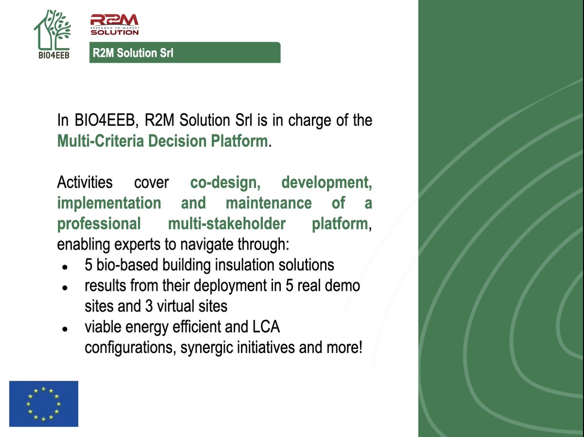 🤝 Meet the #BIO4EEB partners advancing innovation in bio-based insulation materials for buildings. 
🇮🇹 Today, we are happy to introduce R2M Solution (Italian Team).
🔗   Find out more about R2M IT on our website: bio4eeb.eu/2025/04/29/mee…