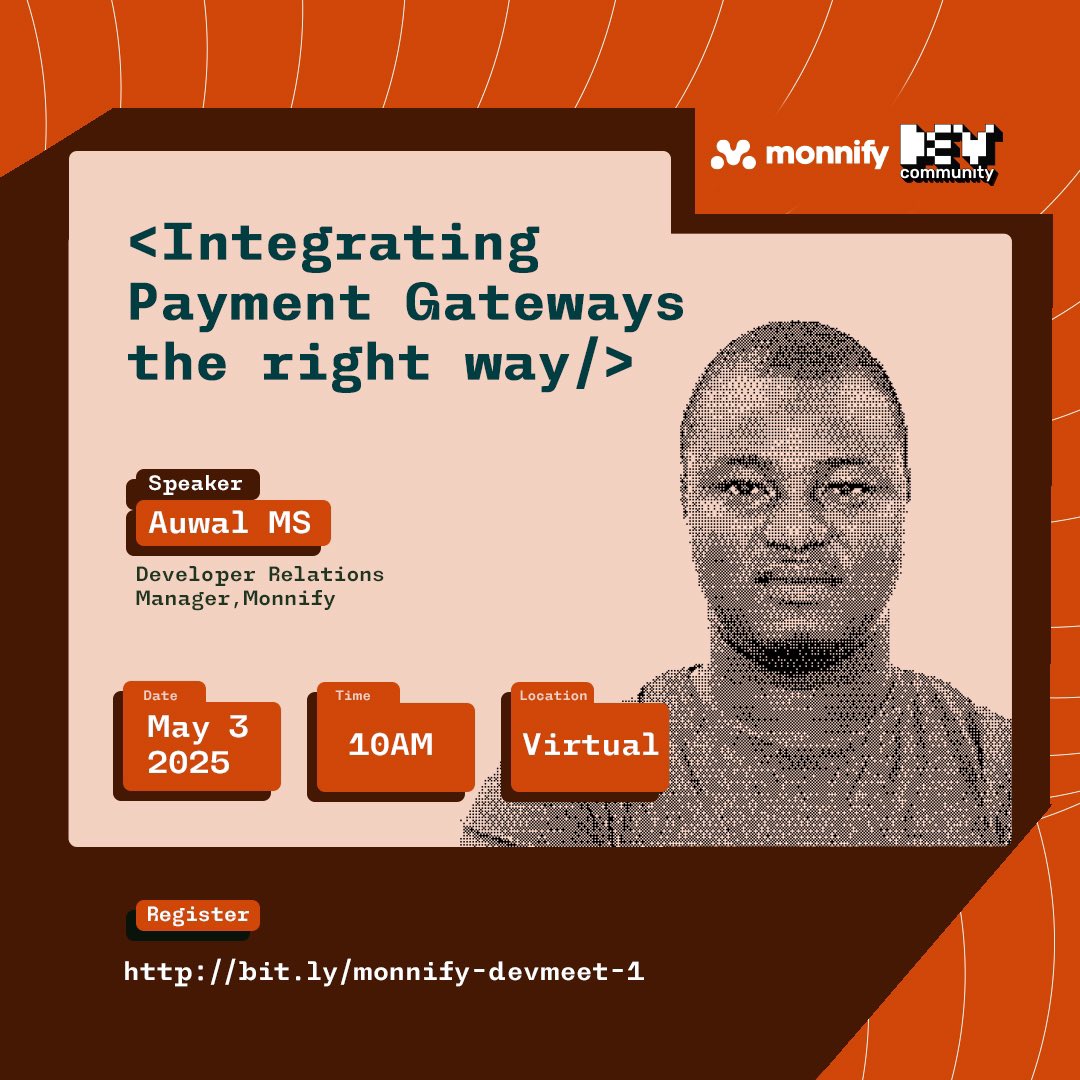 monnify's tweet image. We’re excited to announce that @auwalms , our very own Developer Relations Manager at Monnify, will be hosting an exclusive tech session you won’t want to miss!

Register here: bit.ly/monnify-devmee…

If you&apos;re a developer, product builder, or just curious about how payment…