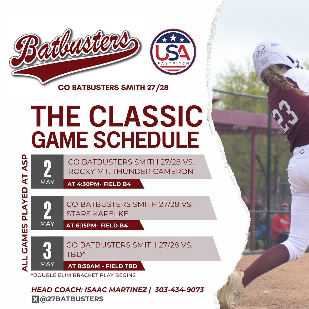 AriKeiter_2028's tweet photo. Schedule drop! Excited for this weekend with my team - playing 18’s in the USA Fastpitch Classic!  @Coach_GM_ @27Batbusters @Coach_Isaac3 @batbusterscoach https://t.co/i8DbfLbi7G