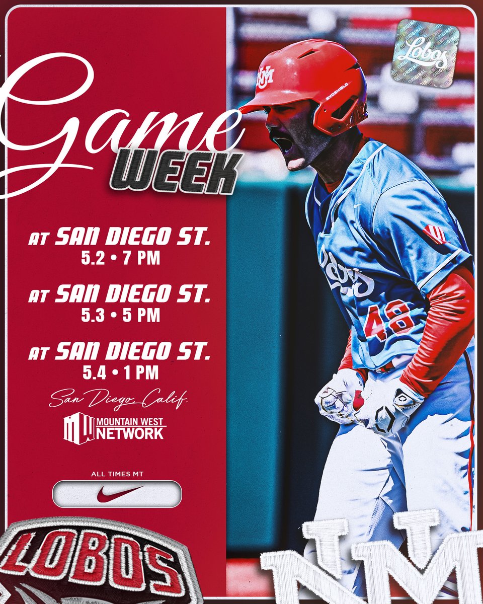 UNMLoboBaseball's tweet photo. 𝗚𝗔𝗠𝗘 𝗪𝗘𝗘𝗞: 'Bos get a brief respite before heading to San Diego to continue @MountainWest play on the road! https://t.co/yPaHKdTICX