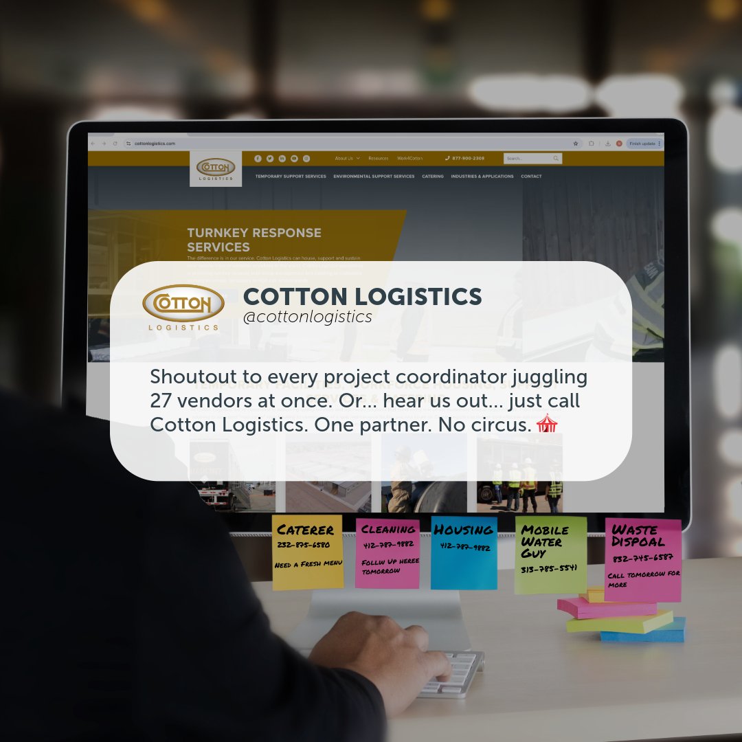 CottonLogistics's tweet photo. If your desktop looks like this... it’s time to call Cotton.
One partner for housing, power, water, catering and more.
No juggling. No circus. Just results. Call us at 877-900-3932. https://t.co/I3WnWHfRpT
