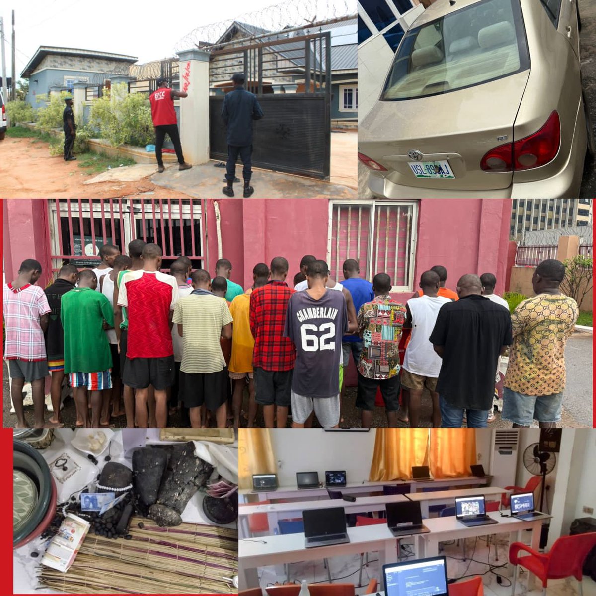 officialEFCC's tweet photo. EFCC Quizzes  Suspected “Yahoo” School  Operators and Students

Operatives of the Benin Zonal Directorate of the Economic and Financial Crimes Commission, EFCC,  commenced  investigation  of 30 suspected internet fraudsters arrested in a Yahoo training School (a.k.a Hustle Kingdom, HK) in Benin City.

The suspects, arrested by officers of 4 Brigade, Nigerian Army at their hideout in Benin City,  were on Monday April 28, 2025 handed over to the EFCC for further investigation.

At the time of arrest, the Yahoo School has  full trappings of a conventional computer school with desktop computers, work stations and other computer accessories. There was also a compartment stocked with various fetish items.

Items recovered from the suspects include a Toyota Corolla car,  phones,  laptops and Mpeg Audio-layer 3,  MP3.

The suspects will be charged to court as soon as investigations are completed.