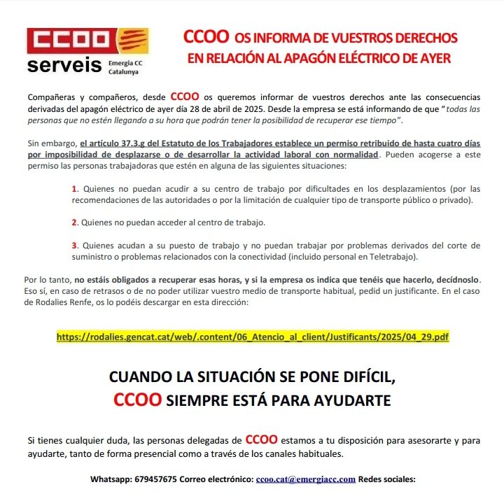 Compañeras y compañeros, os dejamos comunicado sobre el permiso retribuido para las personas trabajadoras que debido al apagón de ayer tuvieron o tienen dificultades para realizar su jornada laboral. Poneros en contacto con nosotr@s para resolver cualquier duda. 
#LuchamosPorTi