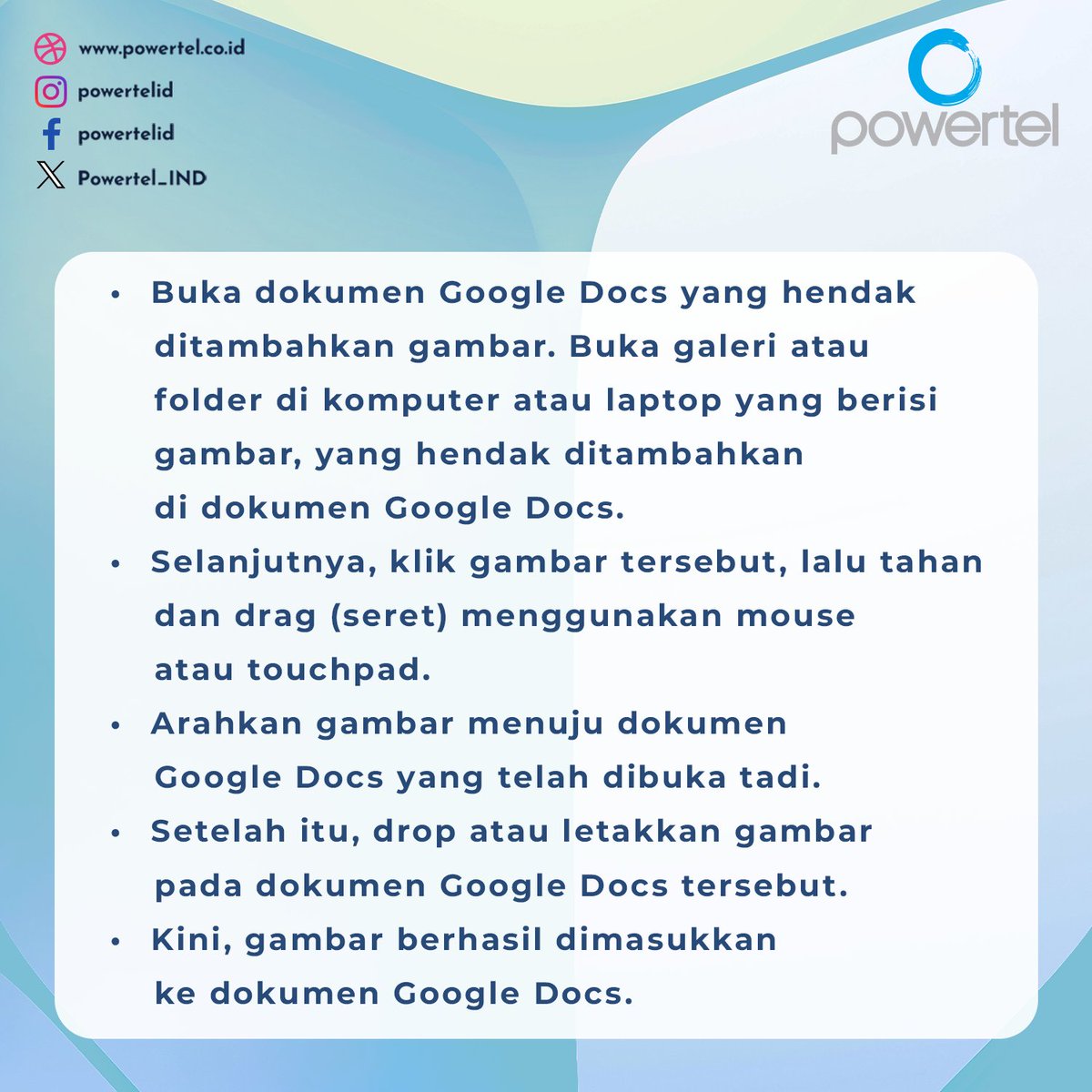 Powertel_IND's tweet image. Langkah Mudah Memasukkan Gambar ke Google Docs di Laptop
#GoogleDocs #TutorialGoogleDocs #CaraPakaiGoogleDocs #ProduktifDenganGoogle #PanduanDigital #EditDokumen #GoogleDocsIndonesia #BelajarGoogleDocs #DokumenDigital #PowertelId