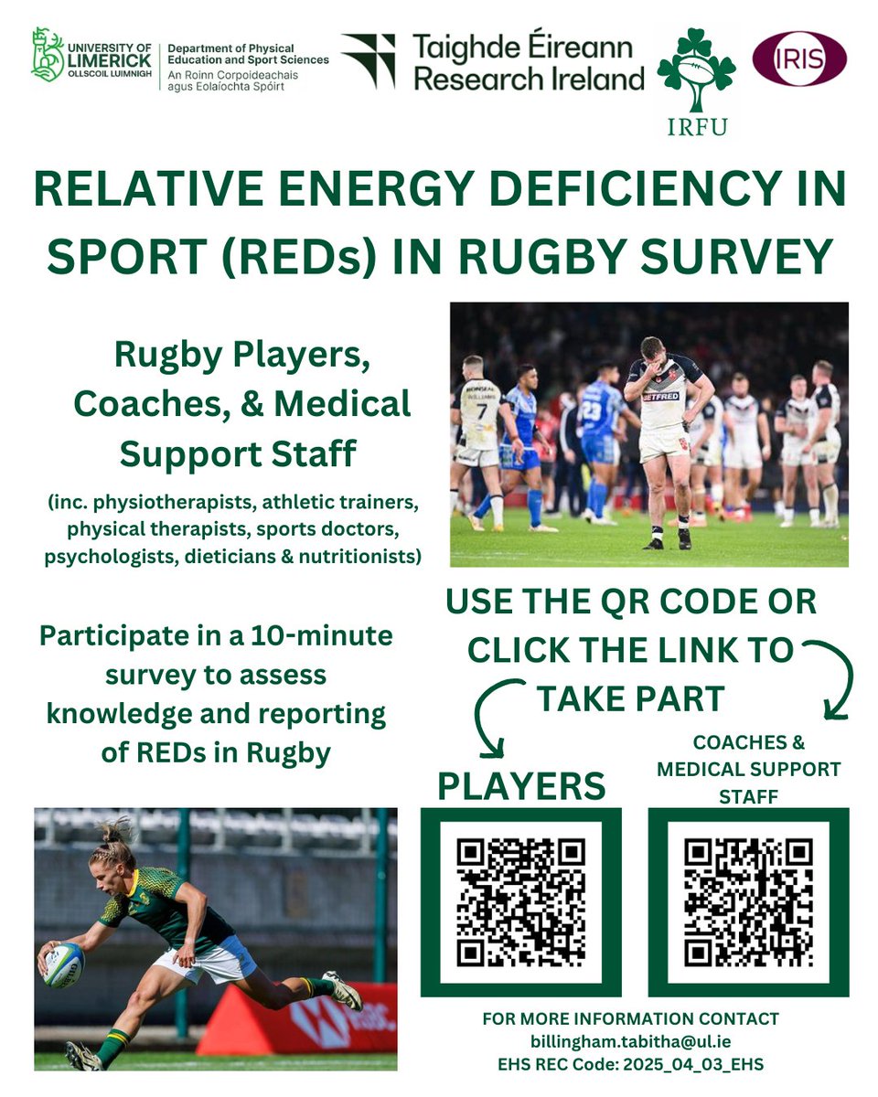 🏉Rugby players, coaches, and medical support staff! 
📋 Please complete an anonymous 10-minute survey exploring knowledge and reporting of Relative Energy Deficiency in Sport in Rugby.

PLAYERS
unioflimerick.eu.qualtrics.com/jfe/form/SV_2a…

COACHES &amp; MEDICAL SUPPORT STAFF
unioflimerick.eu.qualtrics.com/jfe/form/SV_4Z…
