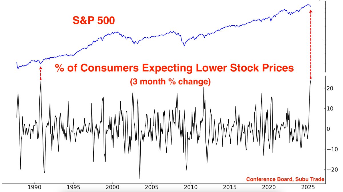 SubuTrade's tweet photo. The % of Consumers Expecting Stocks to Decline jumped by +23.7% over the past 3 months

A record jump in bearish sentiment. https://t.co/RiaSiyNURT