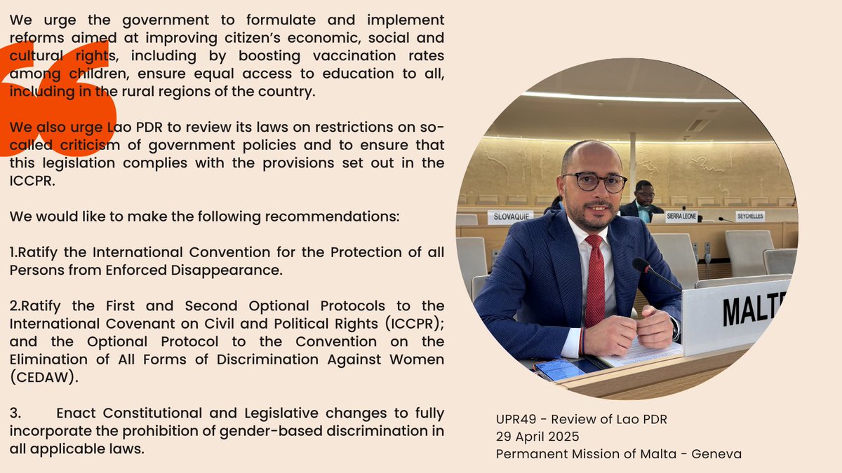 Reccommendations presented by Malta at #UPR49 to Lao People's Democratic Republic.
