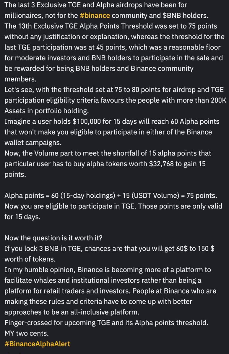 BarkMeowRibbit's tweet photo. @BinanceWallet @BSquaredNetwork @PancakeSwap I am wondering what the Alpha point threshold for this $B2 is? #Binance  
Maybe 100 Alpha points.
Good luck facilitating whales and institutional investors. Binance is no longer a platform for community and retail traders and investors. Revisit before regret.

$BNB https://t.co/nvGGAxnKVY