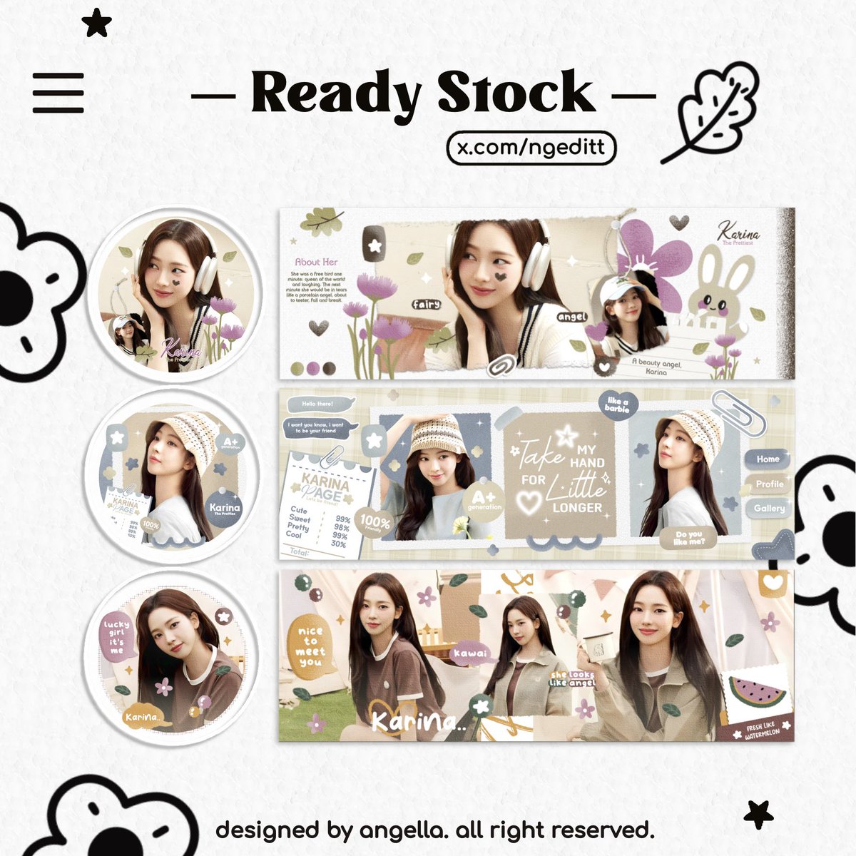 ༊*·˚ a repOost will be apreciated!

halo el punya layout serba-serbi karina, price tertera di alt ya! sudah include free retext. kalau ada yang mau take boleh dm el dengan menyebutkan kodenya, terima kasih ✧ ˚ · .

#zonauang #zonaba