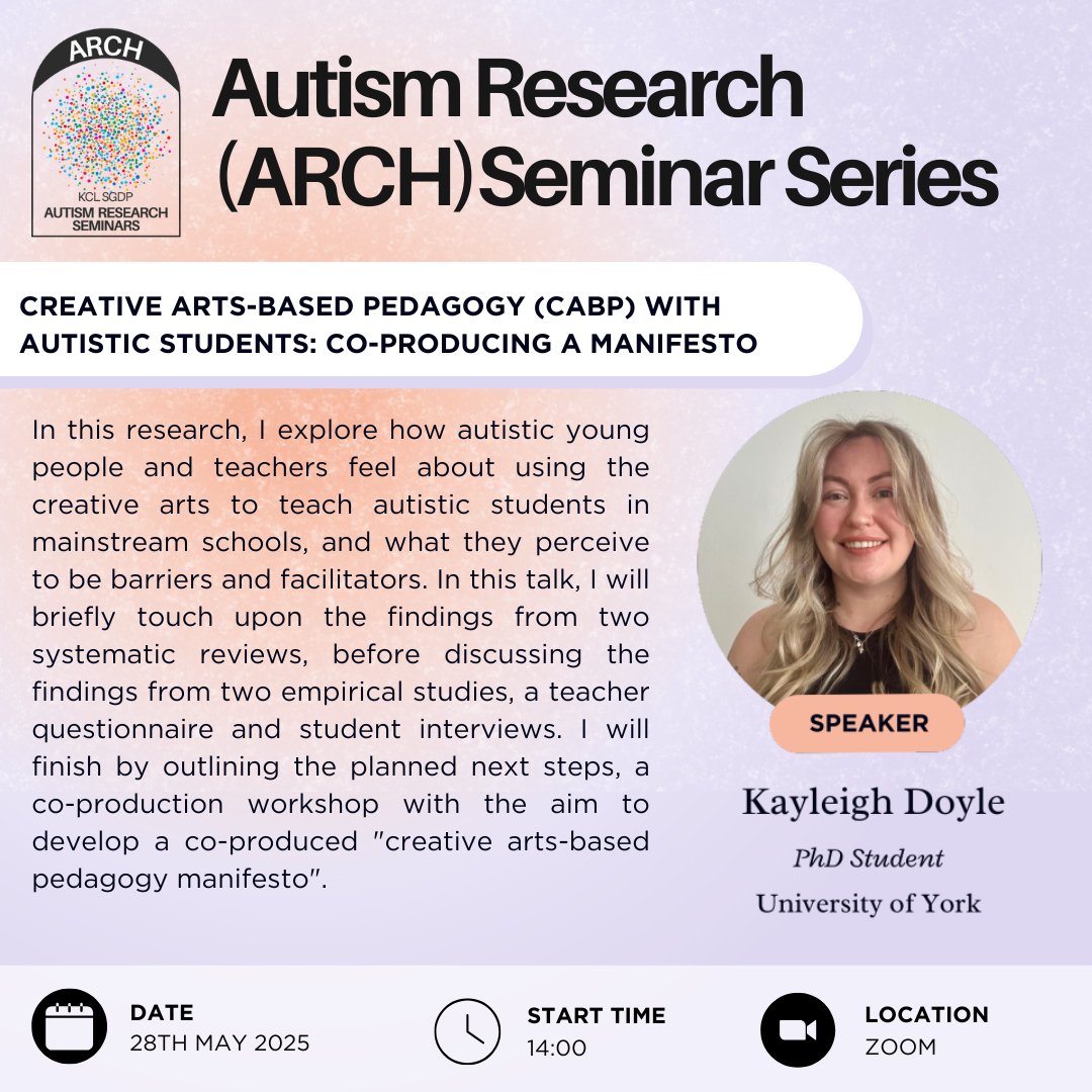Re:Spect Lab (@respectlabkcl) on Twitter photo 🚨May Talk Announcement!🚨
Join us on May 28th at 2PM to hear Kayleigh Doyle discuss her PhD work looking at using the creative arts to teach autistic students.
Tickets are available at eventbrite.co.uk/e/arch-seminar…
We hope to see you there! 🚨May Talk Announcement!🚨
Join us on May 28th at 2PM to hear Kayleigh Doyle discuss her PhD work looking at using the creative arts to teach autistic students.
Tickets are available at eventbrite.co.uk/e/arch-seminar…
We hope to see you there!