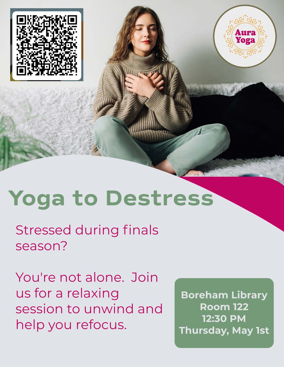 Stressed out due to finals? Join Hannah Butler for a destressing session of yoga. Hannah has been teaching yoga since 2022 and has her 200 hour yoga certificate. She is also a current yoga instructor in Russellville, AR.
Scan the QR Code to sign up!