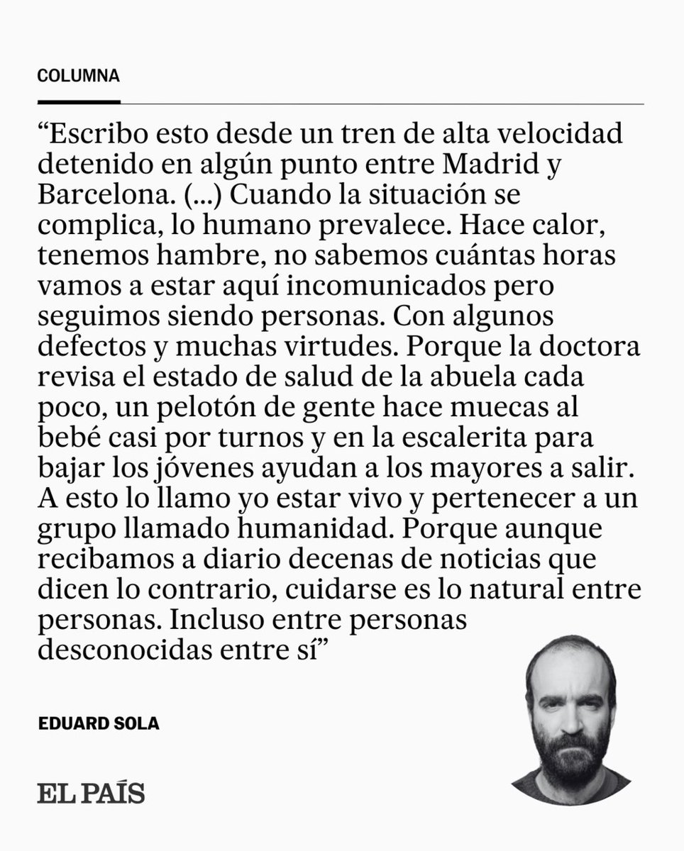 "No hay datos para llamar, no hay internet. Esto es lo que hay: el apocalipsis. Y bueno, sí, ante el apocalipsis, está pasando lo de siempre". El relato del guionista Eduard Sola, atrapado el lunes en un tren detenido en medio de la nada por el apagón dozz.es/smqog1