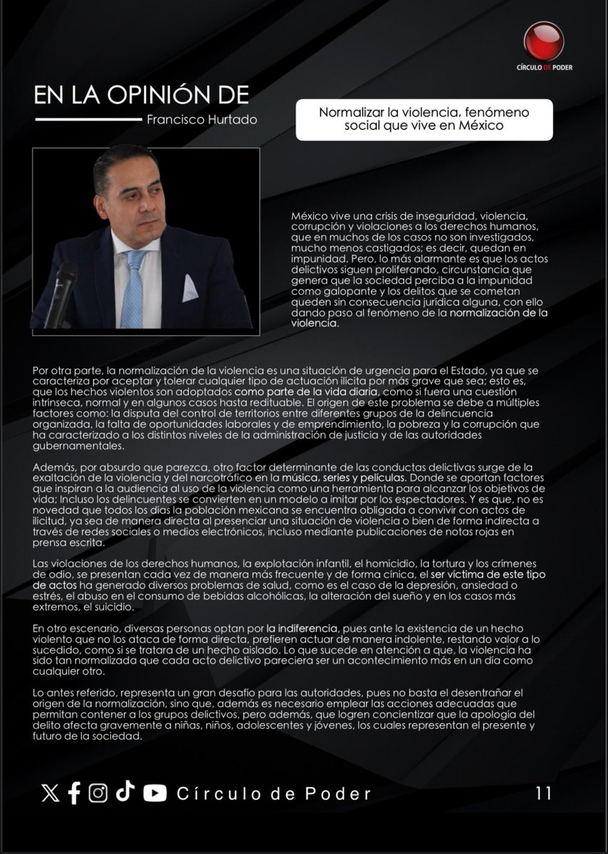 #Morelos | 🔴 NORMALIZAR LA VIOLENCIA, FENÓMENO SOCIAL QUE VIVE MÉXICO: <a href="/FcoHurtado2022/">Francisco Hurtado</a> 

“Revista Círculo de Poder” #2
👇🏻

calameo.com/read/007904845…

#Cuernavaca #Jiutepec #Cuautla #Temixco