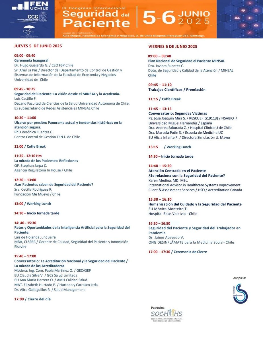 El título de mi editorial en la Revista es PREPARACIÓN Y REPARACIÓN PANDÉMICA: CHILE 2025.

El título de mi ponencia en el Congreso es SEGURIDAD DEL PACIENTE Y SEGURIDAD DEL TRABAJADOR EN PANDEMIA.

Agradezco el honor y el privilegio a <a href="/fspchile_org/">FUNDAC SEG PACIENTE</a>.

Les invito a tomar acción...