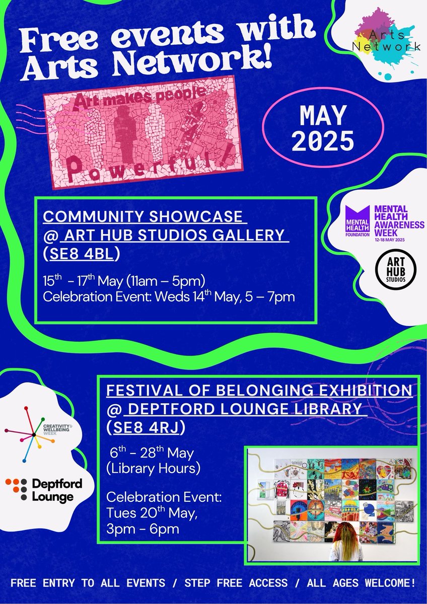 ArtsNetwork (@artsnetworkldn) on Twitter photo Free Art Shows and Workshops this May with Arts Network at <a href="/ArtHubLondon/">Art Hub Studios</a> and <a href="/DeptfordLounge/">Deptford Lounge</a>
Enjoy the works of our members and celebrate #MentalHealthAwarenessWeek & #CreativityandWellbeingWeek
#CreativeHealth #mentalhealth #SouthLondon #deptford #charity Free Art Shows and Workshops this May with Arts Network at <a href="/ArtHubLondon/">Art Hub Studios</a> and <a href="/DeptfordLounge/">Deptford Lounge</a>
Enjoy the works of our members and celebrate #MentalHealthAwarenessWeek & #CreativityandWellbeingWeek
#CreativeHealth #mentalhealth #SouthLondon #deptford #charity