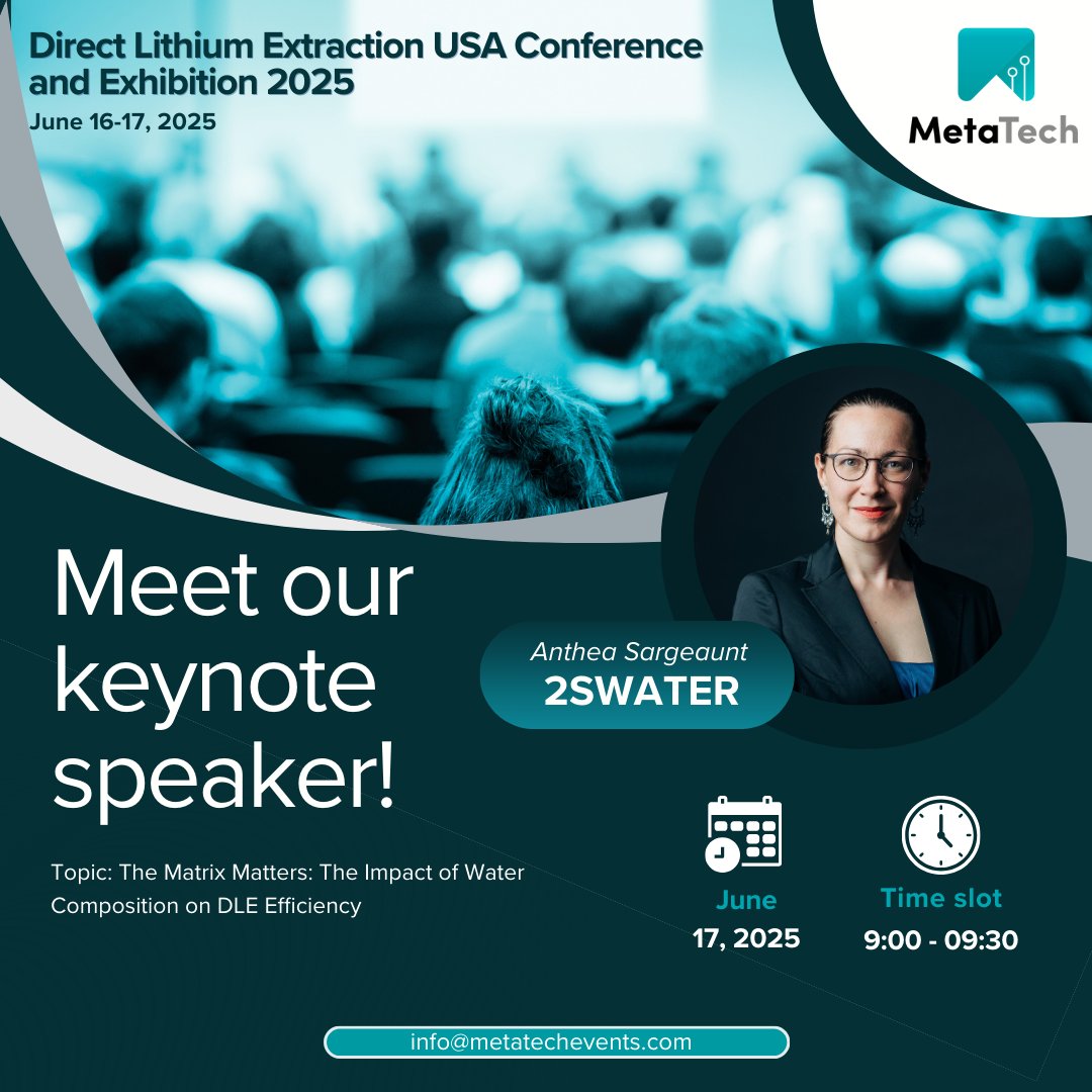 We are excited to welcome <a href="/SargeauntAnthea/">Anthea Sargeaunt</a>, CEO of <a href="/2s_water/">2S Water</a>, to Direct Lithium Extraction USA Conference &amp; Exhibition 2025! Hear her speak on clean tech + water innovation. 
Register Now: directlithiumextractionusa.com/delegate_packa…