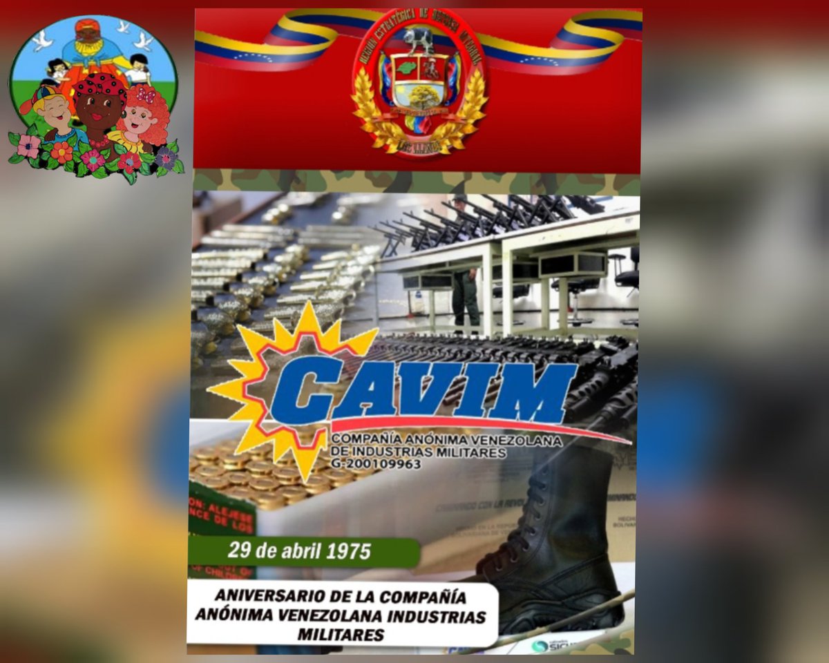 ejb_CEIAEJB's tweet photo. #Aniversario Hoy, celebramos el 48° Aniversario de la Compañía Anónima Venezolana de Industrias Militares (CAVIM), punta de lanza en el desarrollo de armamento, municiones, explosivos y maquinaria militar, para la Seguridad y Defensa de la Nación. ¡Felicidades!
#FANB #Venezuela https://t.co/RCgFB62M6r