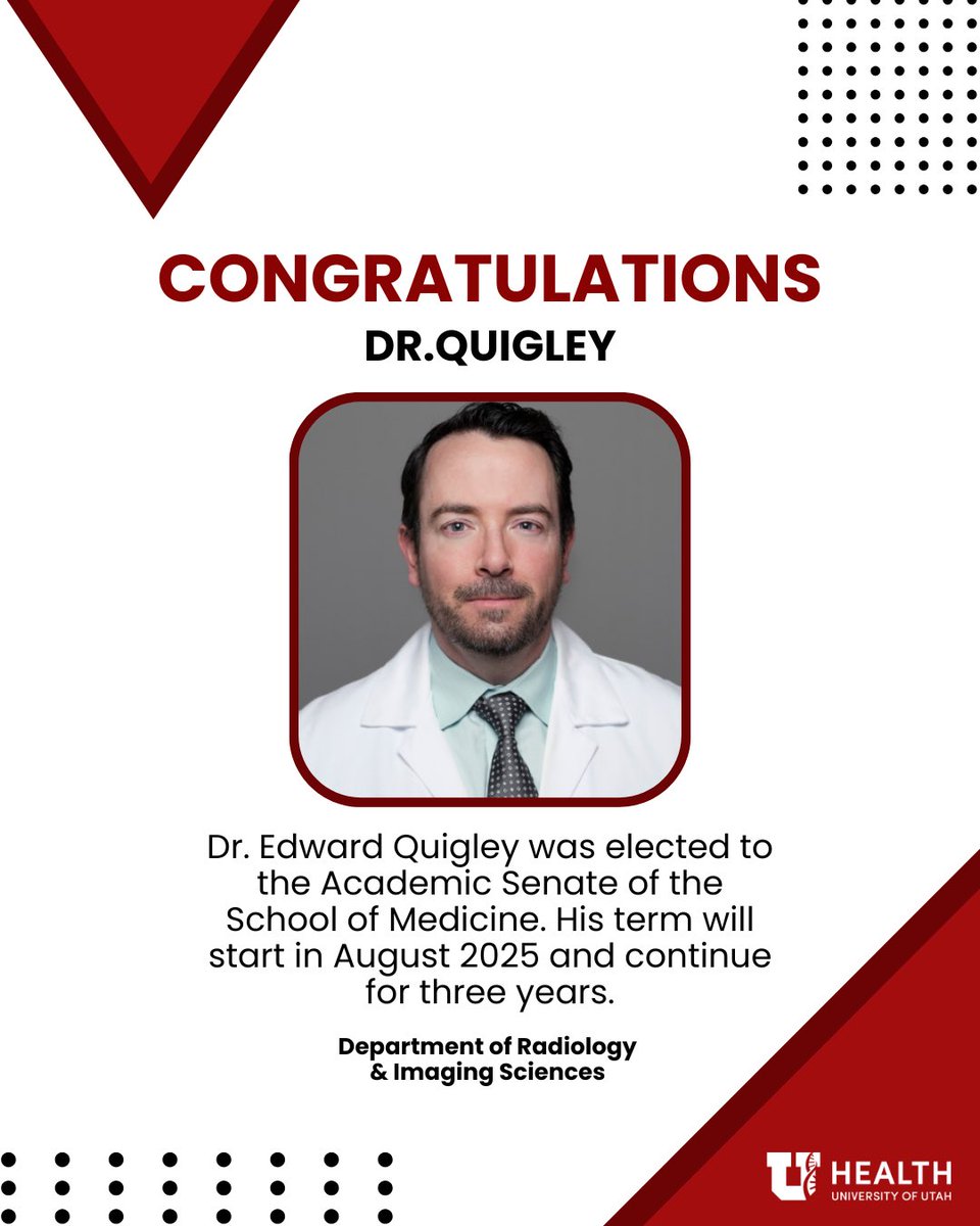 UofURadiology (@uofuradiology) on Twitter photo Congratulations to Dr. Edward Quigley on being elected to the Academic Senate of the School of Medicine! His three-year term begins this August, and we’re excited to see the impact he’ll make. Well deserved, Dr. Quigley!🎉 <a href="/UofUHealth/">University of Utah Health</a> Congratulations to Dr. Edward Quigley on being elected to the Academic Senate of the School of Medicine! His three-year term begins this August, and we’re excited to see the impact he’ll make. Well deserved, Dr. Quigley!🎉 <a href="/UofUHealth/">University of Utah Health</a>