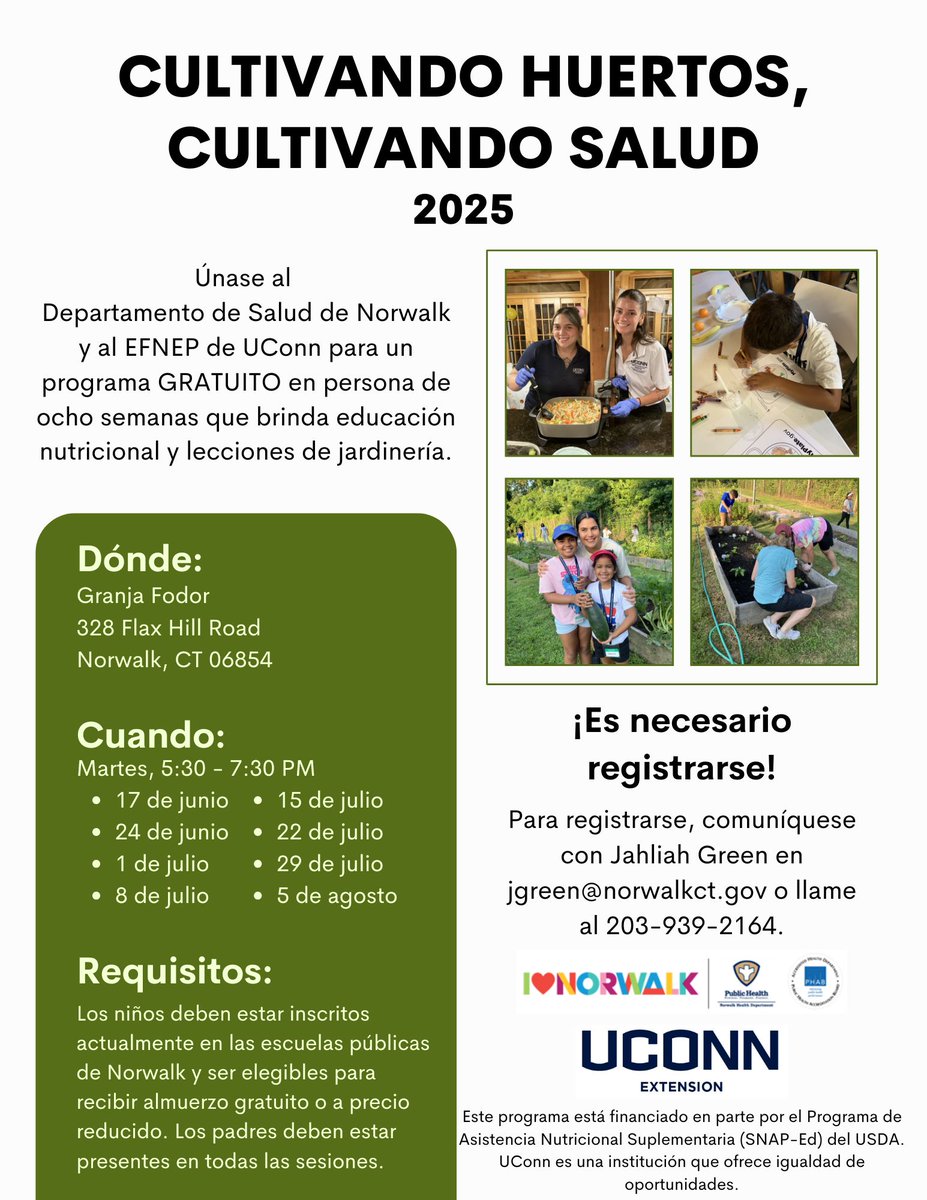 Registration is open for the 2025 Growing Gardens, Growing Health Program. Families will participate in hands-on gardening, cooking, and nutrition education lessons. To register, contact Jahliah at jgreen@norwalkct.gov or 203-939-2164. Families must meet eligibility requirements!