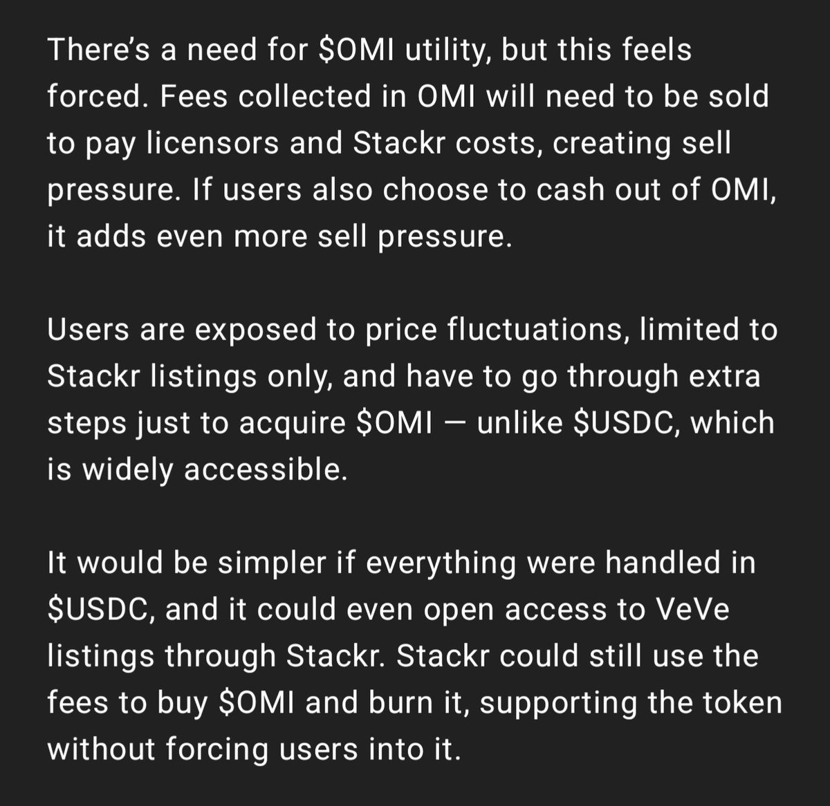 Why I think $omi to NFT is redundant and how things would be better and closer to the original vision if it was USDC instead.

I'm sure this crossed the teams mind <a href="/FosterHilt/">Foster Hilt ⭕️</a> . Genuinely interested in why this was not considered