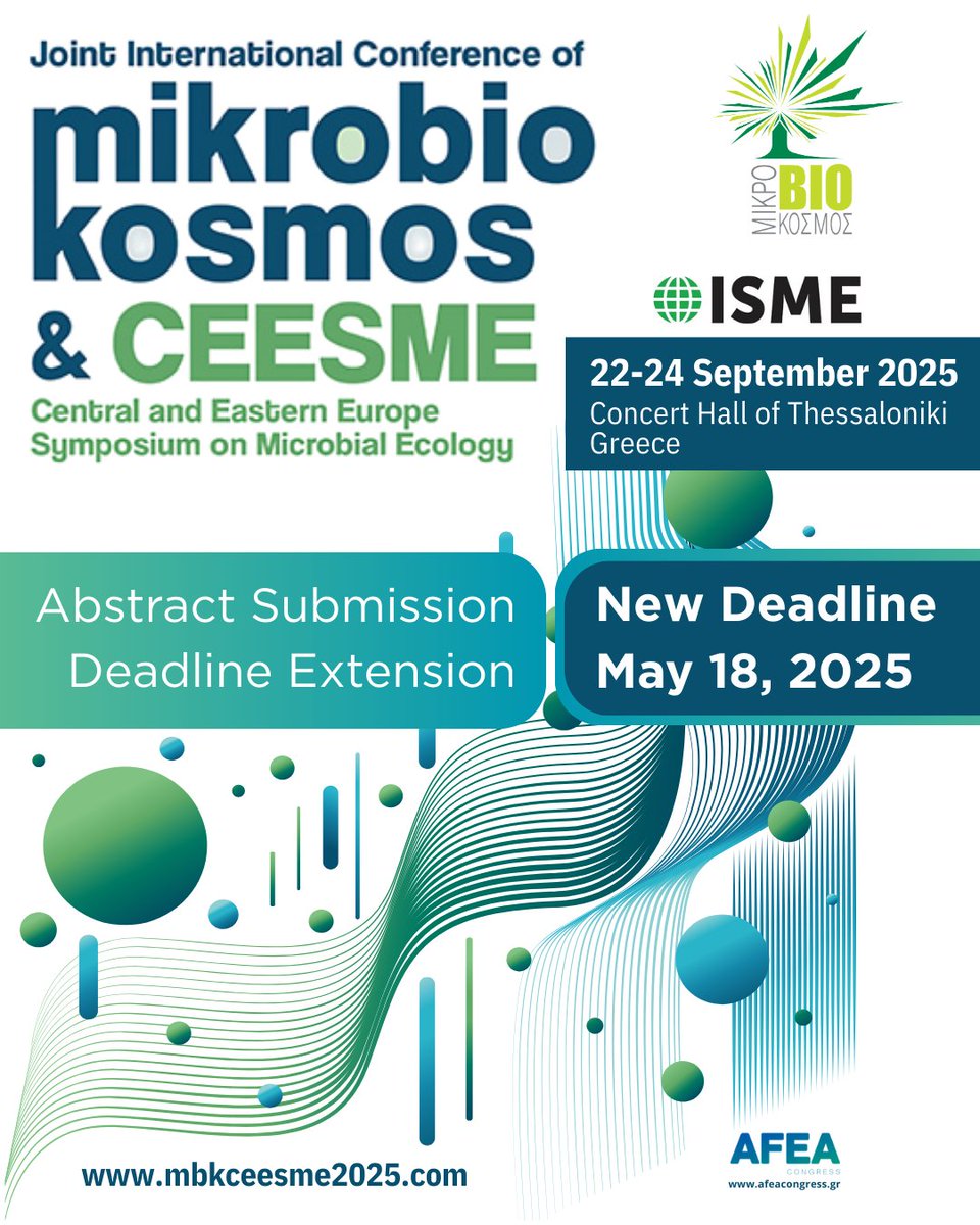 📢We are happy to share that the abstract submission deadline for the upcoming annual <a href="/mikrobiokosmos/">MikroBioKosmos _ All microbes, one planet</a>  Congress has been extended!
📅The new deadline is May 18th 2025
🔗More details are available on the official congress website:
afea.eventsair.com/mbkceesme2025/
#mbkceesme2025 #CEESME